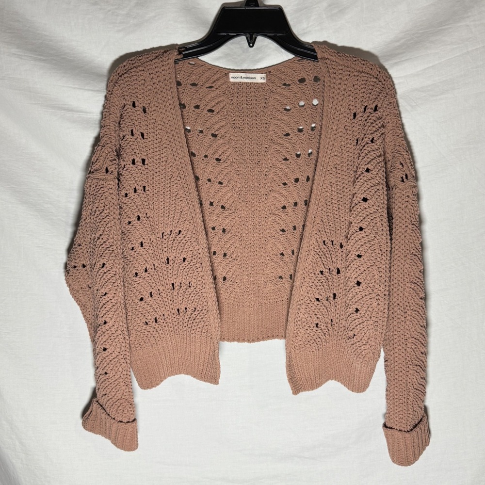 Moon & Madison Chunky Dusty Pink Chenille Pointelle Open Front Cardigan XS